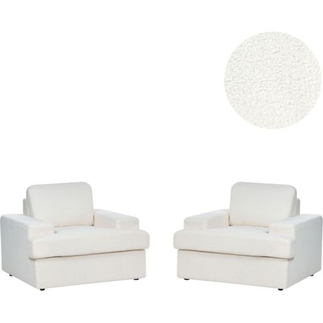 Fauteuils en Tissu Bouclé Blanc Contreplaqué et Bois d'Eucalyptus Rembourré en Mousse Lot de 2 Alla