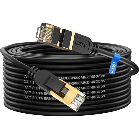 Câble ethernet Cat 8 15m, haut débit, robuste 26 AWG Cat8, 40 Gbit/s, 2 000 MHz avec connecteur RJ45 plaqué or, câble Internet extérieur et intérieur, compatible avec routeur, modem de jeu, Xbox (1/5)
