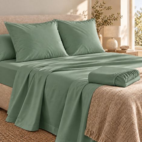 Ensemble literie 4 pièces – Drap plat 240 x 300 cm + drap housse 140x190 cm + 2 taies 63x63 cm – Percale 78 fils – Tilleul (1/5)