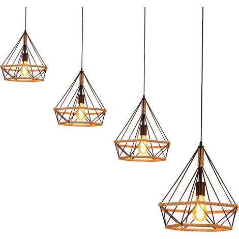 Lampada a Sospensione, Vintage Lampada da Soffitto in Corda di Canapa, Plafoniere con Ø25cm Gabbia di Diamante Nero 4 Pezzi (1/5)