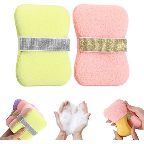 Deux sacs de douche en mousse double face, ensemble d'éponges de douche exfoliantes double face 2 en 1, éponge de douche pour un nettoyage en profondeur du visage et du corps - rose et vert (1/5)