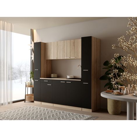 Küche Küchenzeile Singleküche Eiche Schwarz Ingrid 210cm o. Kühlschrank Respekta