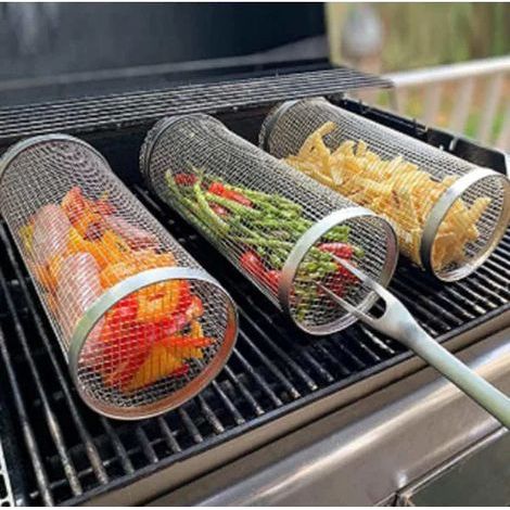 Panier à griller roulant en acier inoxydable, portable et verrouillable, pour légumes, poisson et frites, idéal pour le camping et les barbecues (30 cm). (1/5)