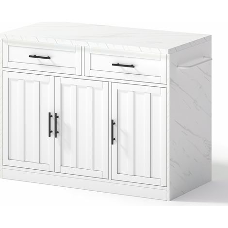 Îlot de cuisine avec bar intégré, prises électriques et USB, 120 x 60 x 91 cm, coloris blanc marbre (1/5)