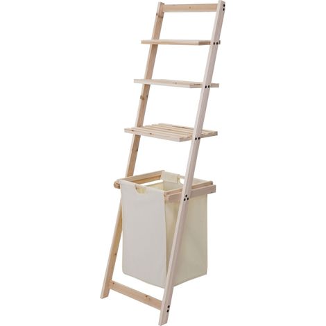 [NEUWERTIG] Leiterregal HHG-581, Regal Laundry Wäschekorb Wäschesammler Holzregal Badregal Stufenregal, Tanne 152x41x35cm 39l