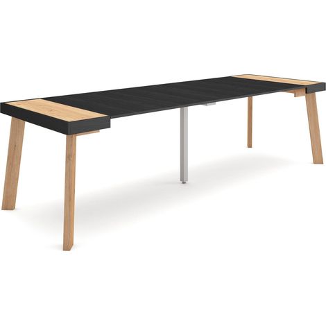 Skraut Home - Consolle allungabile, Tavolo consolle allungabile , 260, Per 12 persone, Gambe in legno, Stile moderno, Rovere e nero (1/5)