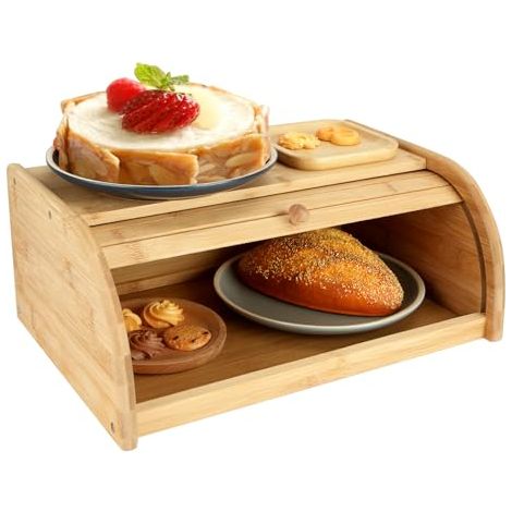 Brotkasten aus Bambus, 40 x 27 x 16,5 cm, Brotkasten aus Holz mit Rolldeckel, Brotkasten für die Arbeitsplatte, Brotkasten für die Küche