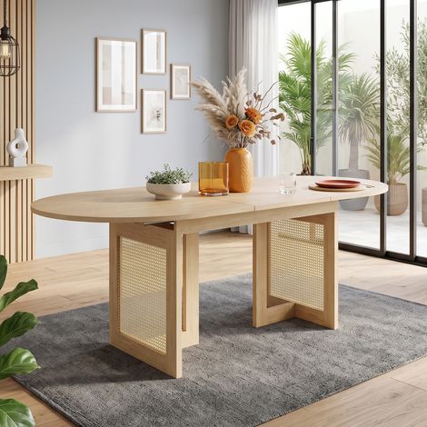 Modernluxe - Table à manger extensible 120/160x80 cm - Idéale pour 6 à 8 personnes - Plateau épais - Pieds en rotin - Placage chêne - Naturel (1/5)