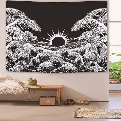 1 tapisserie murale « Grande vague » avec coucher de soleil, en noir et blanc, pour salon ou chambre (Vague, 150 x 200 cm) (1/4)