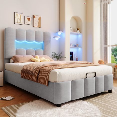 Cama dormitorio con almacenaje LED gris 90x200 OKMYHOME (1/5)