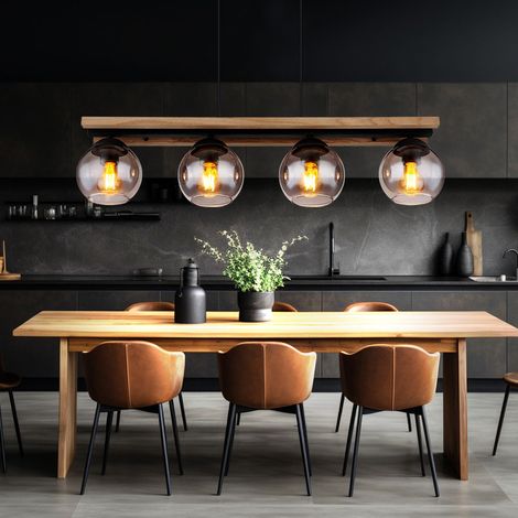 Pendelleuchte Hängeleuchte Wohnzimmerlampe Esszimmerleuchte, Metall Eichenholz Glas rauch, 4 Flammig, E27, H 120 cm (1/5)
