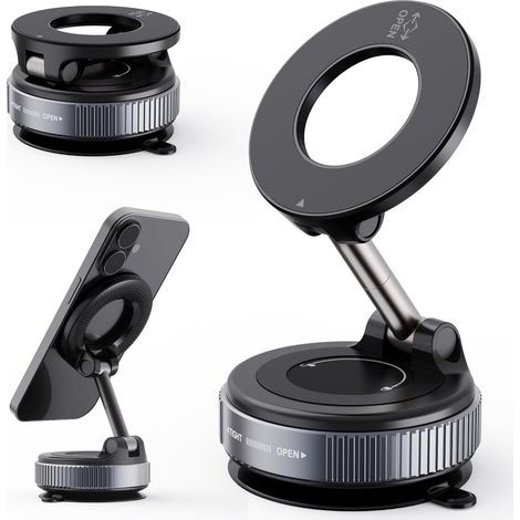 JSSEVN - Magnetic Suction Cup Car Phone Holder, 360° Rotating, Foldable and Adjustable, for 17 Pro MAX 16 15 14 13 12 & Android, Black (1/5)