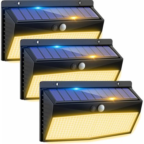 Lot de 3 lampes solaires d'extérieur avec détecteur de mouvement, 368 spots LED, 3 modes, étanchéité IP65, blanc chaud (1/5)