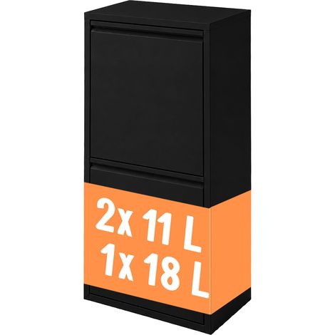 Relaxdays Pattumiera 3 scomparti, 1x 18 l + 2x 11 l, apribile, secchi estraibili, metallo, appoggio/parete, nera (1/5)