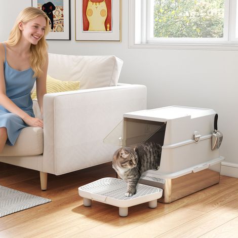 Litière pour chat en acier inoxydable, grand espace intérieur XL, avec pelle, gris clair (1/5)