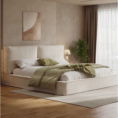 Cama doble moderna 160x200 cm en chenilla beige, con cabecero acolchado de 105 cm y somier de láminas