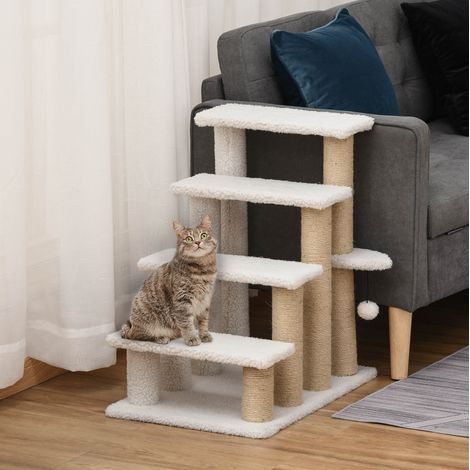 Scala per animali a 4 gradini con tiragraffi, bianca, 60 x 40 x 64 cm (1/5)