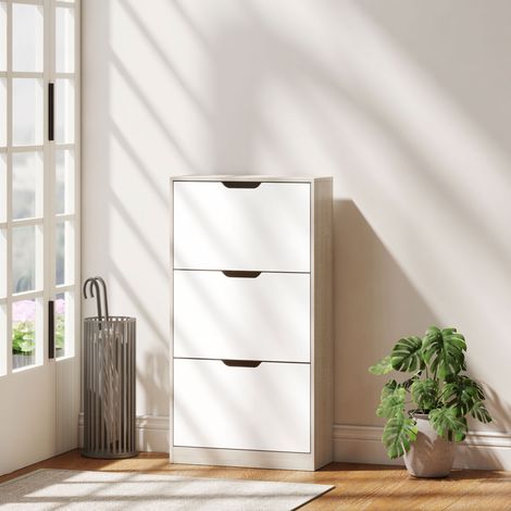 Meuble à chaussures 12 paires, armoire à chaussures étroite, 3 tiroirs rabattables, chêneet blanc (1/5)