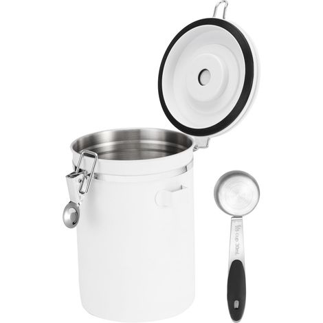 1,8-Liter-Edelstahldose (304) mit Löffel, luftdicht verschließbar, für Kaffeebohnen, Tee, Trockenfrüchte, weißes Glas (1/5)