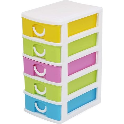 Cassettiera in Plastica a Torre con 5 cassetti Colorati mis. 16x22x25cm - 5 cassetti salvaspazio con maniglia Organizer da ufficio, bagno o camera da (1/4)