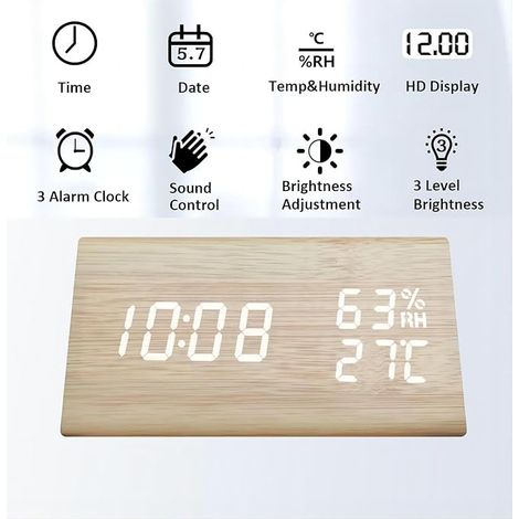 Sveglia digitale dal design in legno, display elettronico a LED, visualizzazione di ora e data, rilevamento di temperatura e umidità, 3 impostazioni di allarme, 3 livelli di luminosità, adatta per cas (1/4)