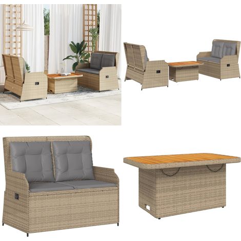 3-tlg. Garten-Lounge-Set mit Kissen Beige Poly Rattan - Gartentisch - Sitzkissen