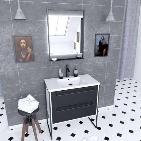 Set mobile da bagno 80x50 cm Bianco - 2 cassetti - Lavabo in resina bianco - Specchio LED