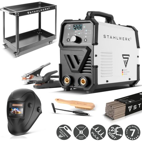 STAHLWERK Poste à souder à l'électrode ARC 200 Puls Pro – Kit complet avec chariot – Soudage sans gaz, MMA, électrode, Inverter Lift-TIG de 200 A, Hotstart, Arc Force, Antistick, fonction Pulse (1/5)