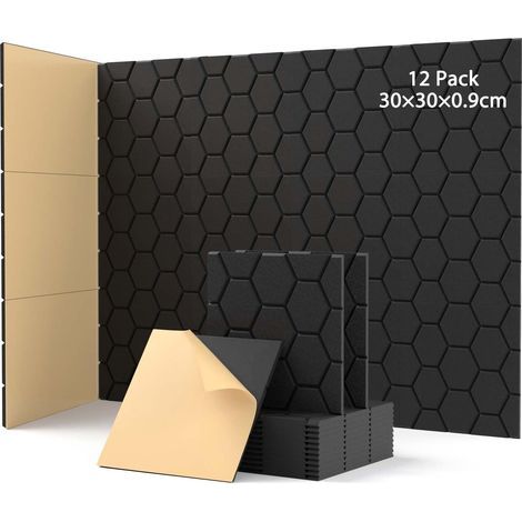 Noir Lot de 12 panneaux acoustiques auto adhésifs Absorbeur de bruit 30 x 30 x 0,9 cm Isolation acoustique Pour mur de porte Pour décoration de jeu, bureaux, studios, disques acoustiques (1/5)