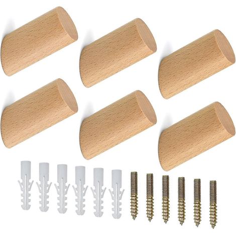 Lot de 6 crochets muraux en bois naturel, crochets en hêtre, cintres pour vêtements, foulards, chapeaux et sacs. (1/4)