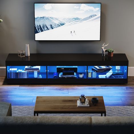 ELEGANT 1800mm High Gloss LED TV Stand Ambient Light TV Cabinet Large Storage Space Glass Partition, Black