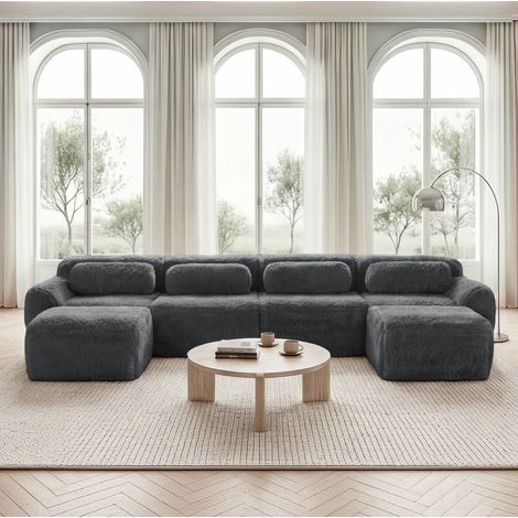 Modulares U-Sofa 4-Sitzer, ohne Montage, grauer Plüschstoff HAVRYA (1/5)