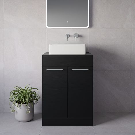 Napoli 460 Nero Oak 600mm 2 Door Vanity Unit for Countertop Basins - 600mm - Chrome 160mm Handle