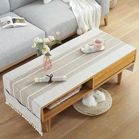 Nappe Coton et Lin Avec Poche Latérale de Rangement - Rectangulaire Anti Tache Pour Table Basse, Salon, Balcon, Jardin, 60x160cm (1/5)