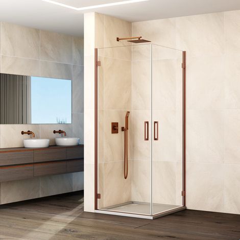 Mampara de ducha angular GLASS 2 puertas abatibles 45x45 cm perfil Cobre (1/5)