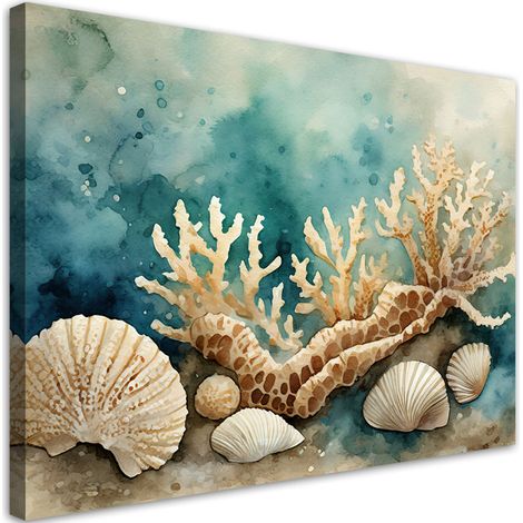 Tableau sur toile Tableau sur toile coquillages et étoiles de mer turquoise 60x40 (1/5)