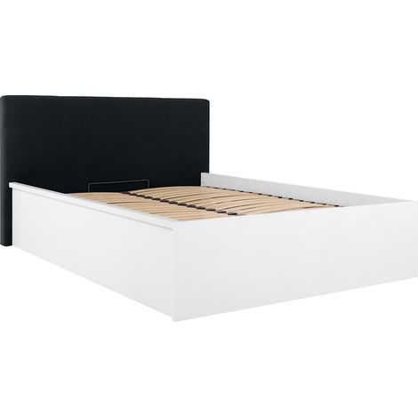 Lit coffre 140x200 avec tête de lit capitonnée ,coloris Blanc brillant/Textile Noir - Longueur 209,5 x Profondeur 156 x Hauteur 95/40,5 cm