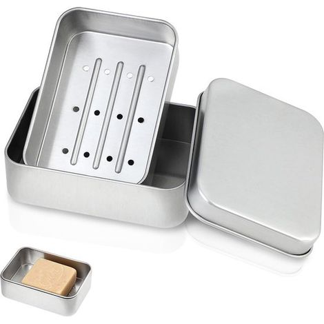 2 scatole quadrate in alluminio (8 x 8 x 3,9 cm) con coperchio per sapone da barba da uomo, ideali per viaggi, palestra, casa, bagno e campeggio. (1/5)