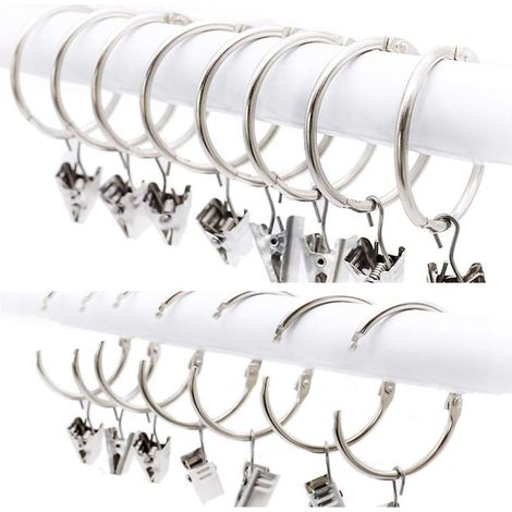 QAZQA 20 Pièces Anneaux de Rideaux avec Pinces, Métal Décoratifs de Rideau de Fenêtre de Rideaux d'agrafes avec Le Clip Fort, Antirouille, Facile Ouvert et étroit, Diamètre Intérieur de 50mm, Argent