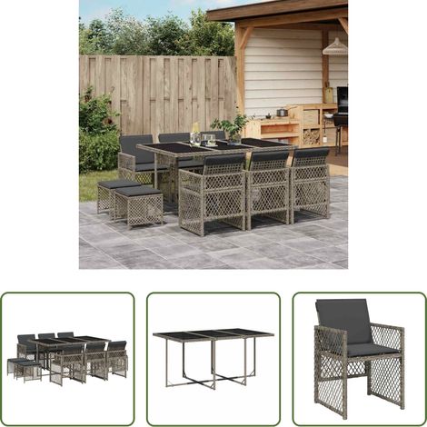 vidaXL Gartenstuhl - 11-tlg. Garten-Essgruppe mit Kissen Grau Poly Rattan (1/5)