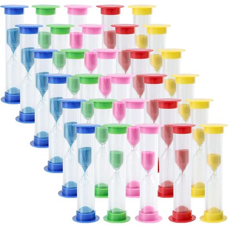 Juego de 30 relojes de arena de 2 minutos, 5 colores, relojes de arena de plástico para el hogar y la oficina, amarillo, rojo, azul, verde, rosa. (1/4)