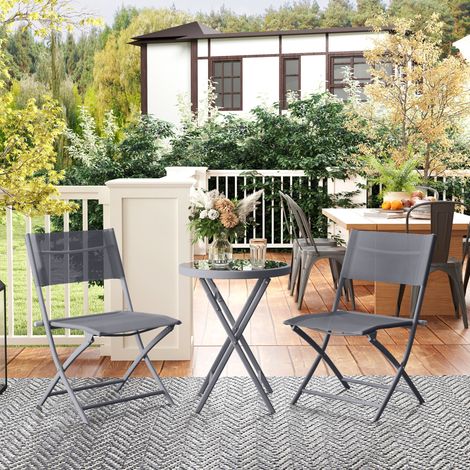 Ensemble de bistrot 3 pièces pliable en métal. 2 chaises et 1 table ronde. salon de jardin extérieur 2 personnes. gris