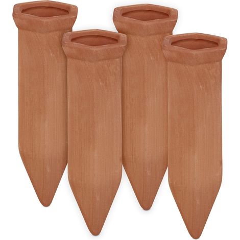 Relaxdays Tonspitzen Bewässerung, 4er Set, Keramik, Gießhilfe für 1,5 l Flaschen, Gießkegel HBT: 14x4,5x4 cm, terracotta