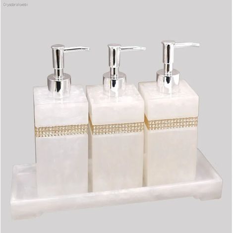 Ensemble de 4 pièces : Flacon de gel douche/savon/flacon de lotion/porte-brosse à dents orné de strass européens (400-500 ml), accessoires de salle de bain. (1/5)