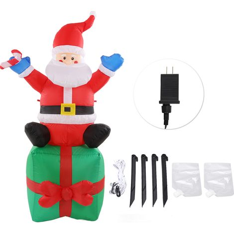 Père Noël Gonflable Lumineux LED 180cm avec Bâton Assis sur Boîte Cadeau - Décoration Extérieure Noël 100‑240V Prise US (1/5)