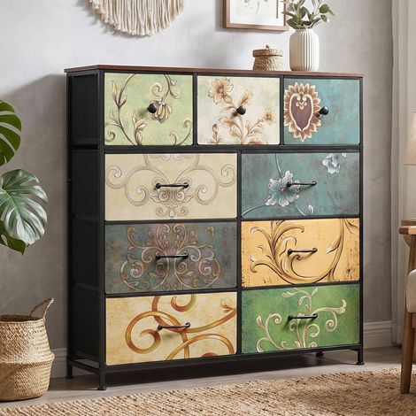 ADWOLT Commode 9 Tiroirs, Commode de rangement, Tissu Floral,structure en métal,pour salon, chambre, style bohème,100 x 30 x 100 cm (1/5)