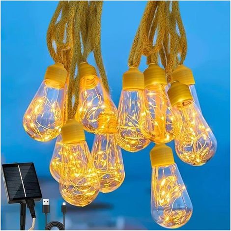 10 pièces Guirlande solaire, 5 m avec ampoules sphériques, étanche IP65 en corde de chanvre, pour jardin, balcon et décoration festive (1/5)