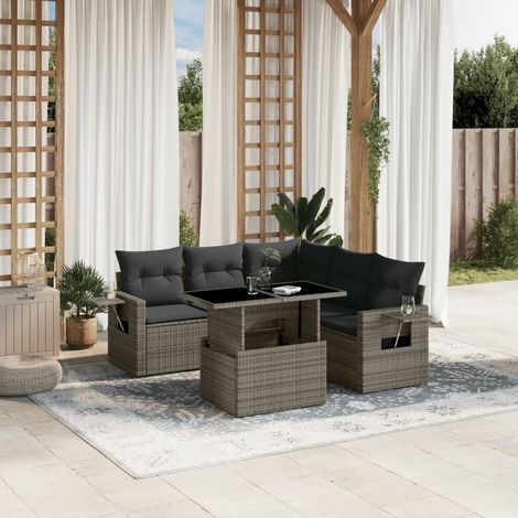 Ensemble salon de jardin 6 pièces gris en résine tressée avec coussins et table extensible (1/5)