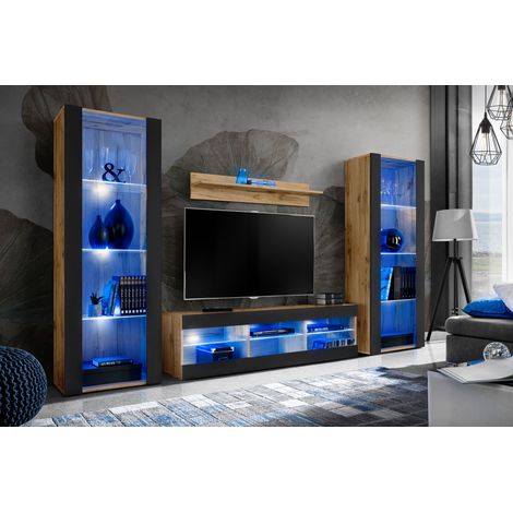 Komodee Ensemble de Meubles Tivoli Grande, Wotan/Noir, Largeur 250cm x Hauteur 159cm x Profondeur 35cm, LED Blu, 3 étagères, pour Salon, Chambre, Entrée