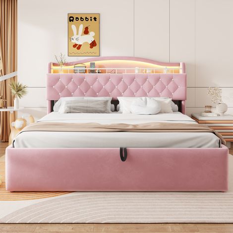 Lit capitonné 180 x 200 cm avec rangement hydraulique, revêtement en velours, éclairage LED de la tête de lit, ports de chargement USB et USB-C, rangement dans la tête de lit et sommier métallique, ro (1/4)